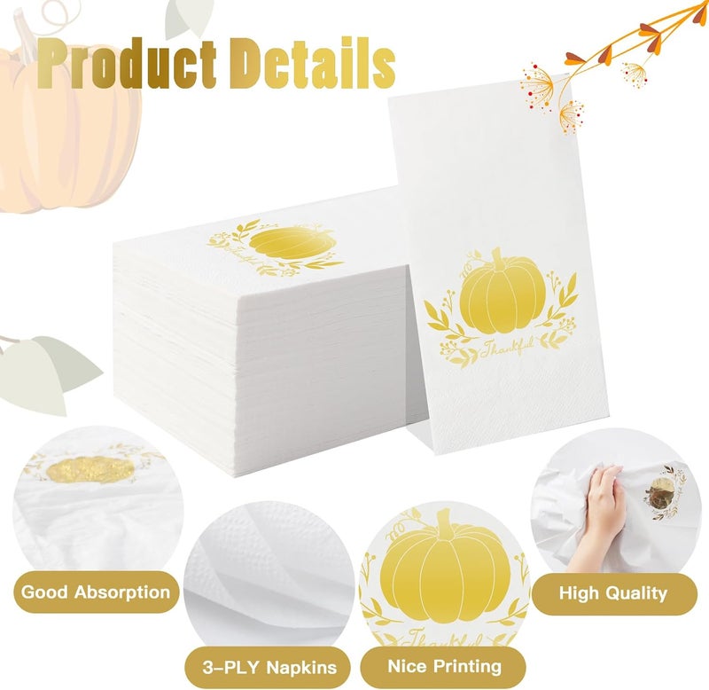 Tamone 100-Piece Thanksgiving Napkins - Gold & White with Pumpkin Design - 3-Ply Disposable Premium Quality Dinner Napkins for Wedding & Party - Image 3